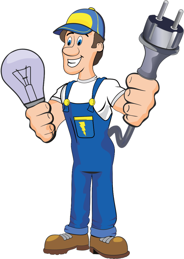 Pluggedin Electrical- An electrician cartoon character displays a light bulb and a plug